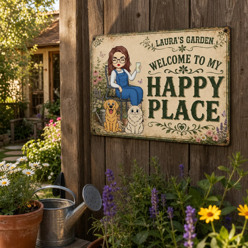 Personalized Home Decor Metal Sign - Gifts For Garden Lovers, Pet Lovers - Gardening Is My Happy Hour
