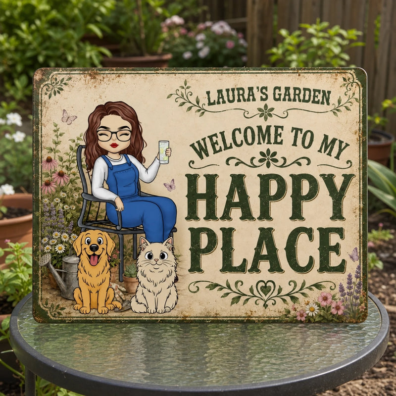 Personalized Home Decor Metal Sign - Gifts For Garden Lovers, Pet Lovers - Gardening Is My Happy Hour