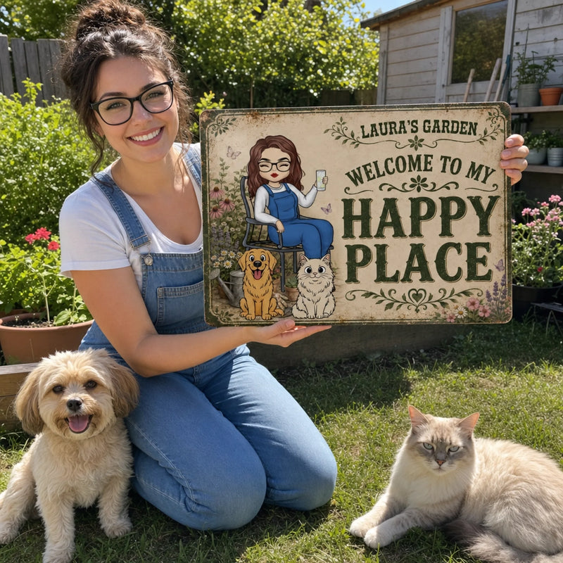 Personalized Home Decor Metal Sign - Gifts For Garden Lovers, Pet Lovers - Gardening Is My Happy Hour