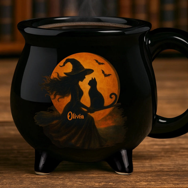 Personalized Cauldron Coffee Mug - Halloween Witchy Gift For Sister, Bestie, Best Friend - Purrfectly Wicked