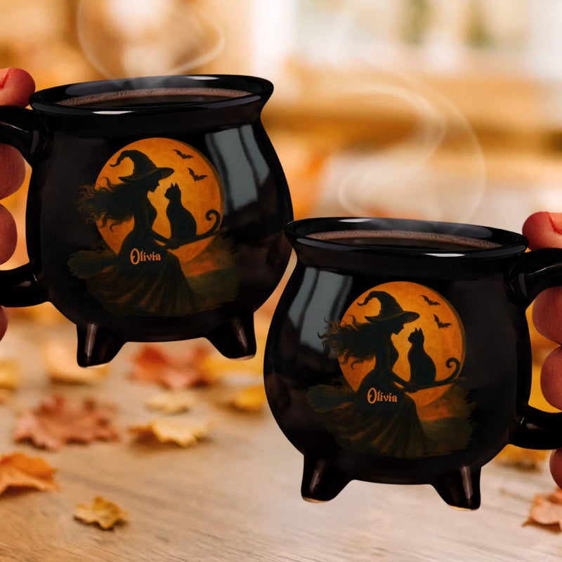Personalized Cauldron Coffee Mug - Halloween Witchy Gift For Sister, Bestie, Best Friend - Purrfectly Wicked