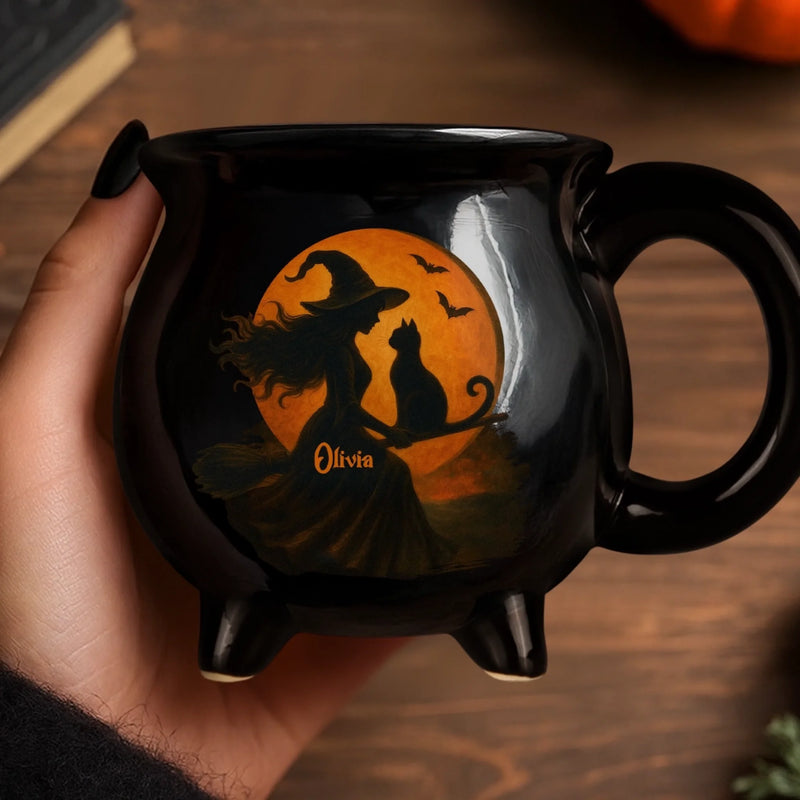 Personalized Cauldron Coffee Mug - Halloween Witchy Gift For Sister, Bestie, Best Friend - Purrfectly Wicked