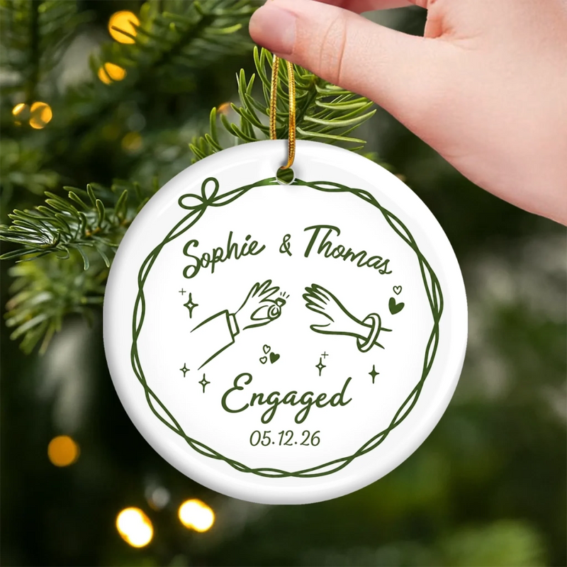 Personalized Ceramic Ornament – Christmas, Wedding Gift For Couple, Newlyweds – He Asked, She Said Yes