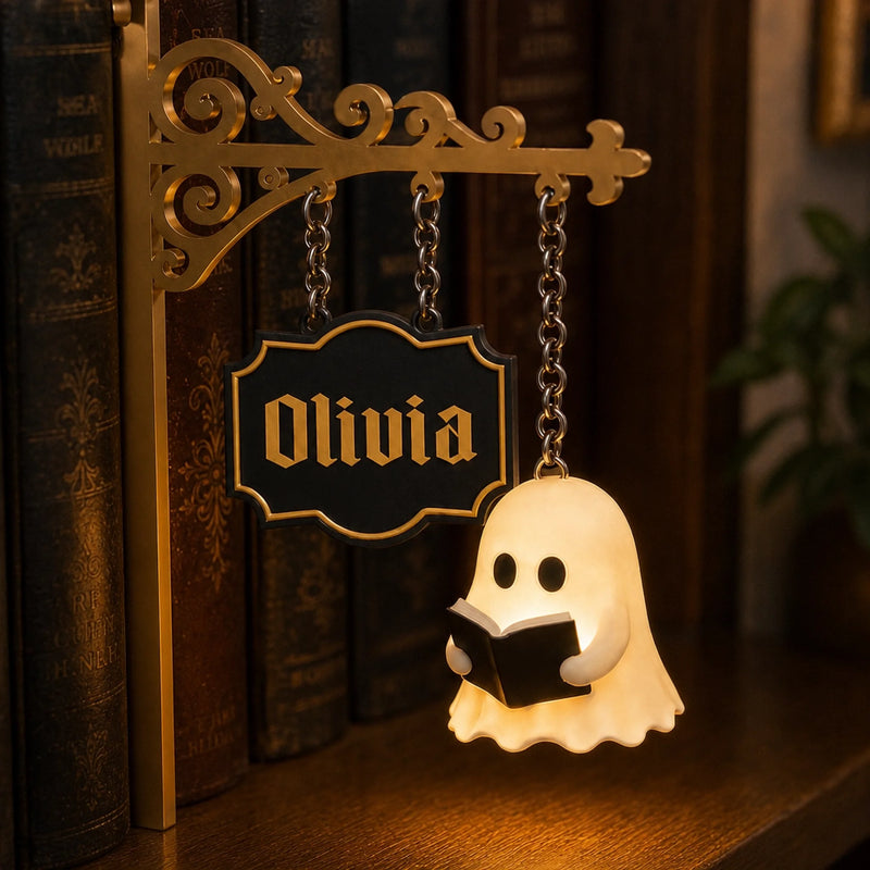 Personalized Mini Ghost Reading Bookshelf Lamp - Gifts For Book Lovers, Bookworms, Readers - Halloween Gothic Book Nook Decor