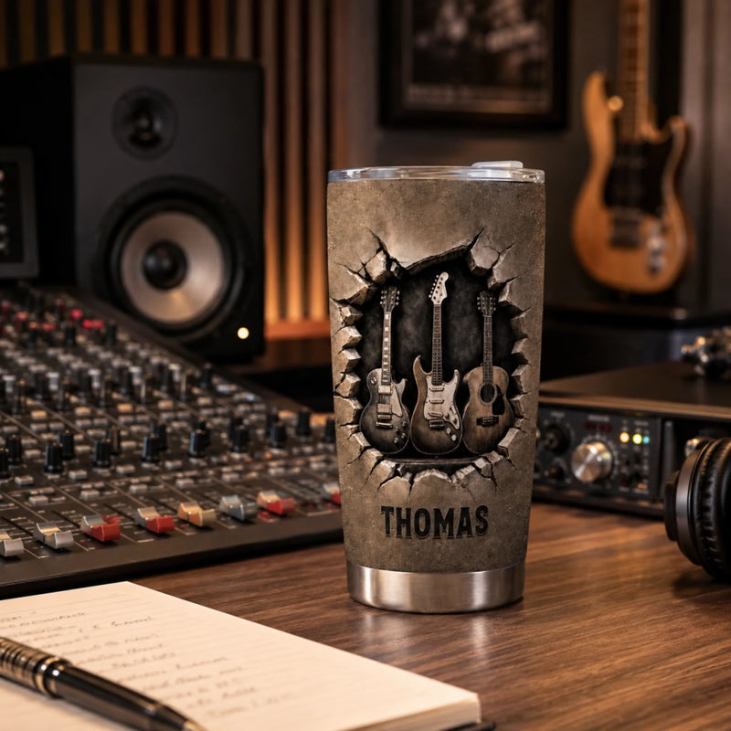 Personalized Tumbler - Gift For Guitar Lovers - Music On, World Off