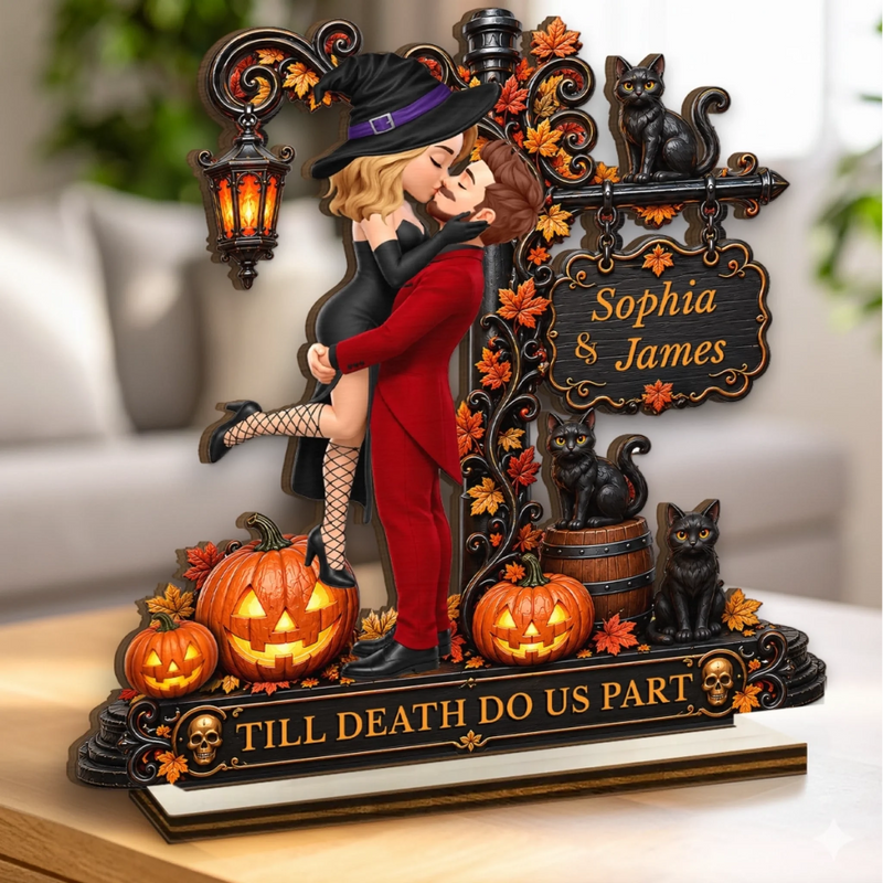 Personalized 2-Layered Wooden Plaque – Halloween, Anniversary Gift For Couple – Love Never Gets Spooky
