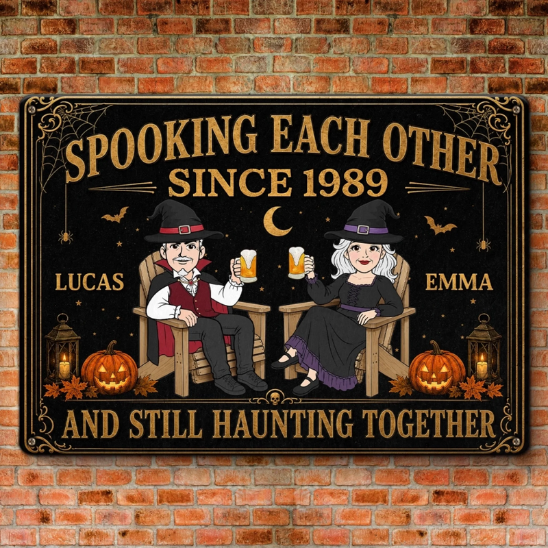 Personalized Home Decor Metal Sign - Halloween Anniversary Gift For Couple - Spooking Together