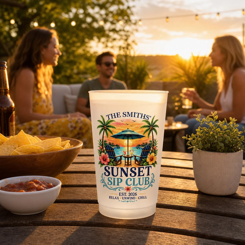 Personalized Party Plastic Cups – Summer Vacation And Travel Gifts Gifts For Family, Friends – Sunset Sip Club