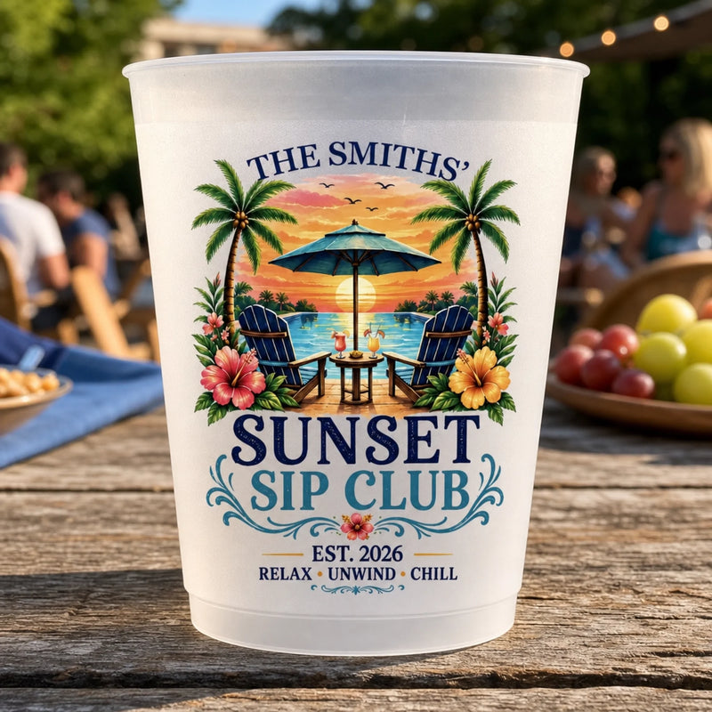 Personalized Party Plastic Cups – Summer Vacation And Travel Gifts Gifts For Family, Friends – Sunset Sip Club