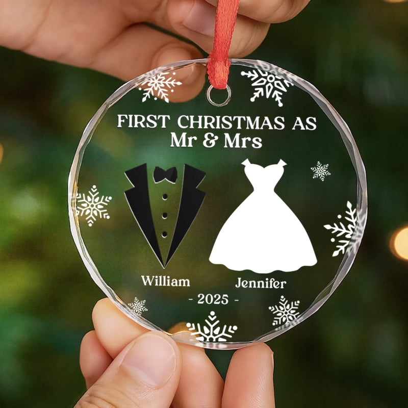 Personalized First Christmas Married Heart, Round Glass Ornament - Anniversary Wedding Gift For Couple, Husband And Wife - Our First Christmas As Mr & Mrs