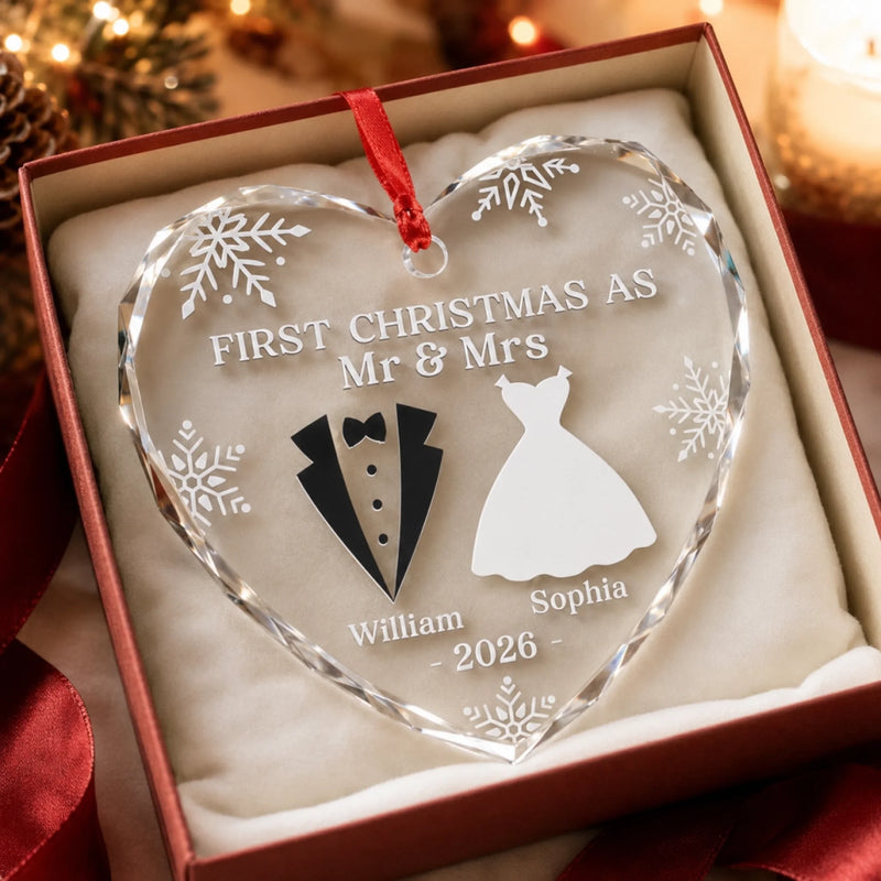 Personalized First Christmas Married Heart, Round Glass Ornament - Anniversary Wedding Gift For Couple, Husband And Wife - Our First Christmas As Mr & Mrs