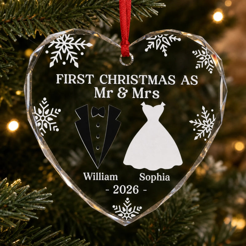 Personalized First Christmas Married Heart, Round Glass Ornament - Anniversary Wedding Gift For Couple, Husband And Wife - Our First Christmas As Mr & Mrs