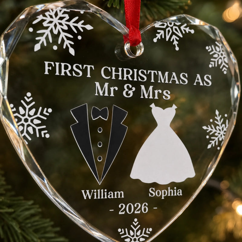 Personalized First Christmas Married Heart, Round Glass Ornament - Anniversary Wedding Gift For Couple, Husband And Wife - Our First Christmas As Mr & Mrs