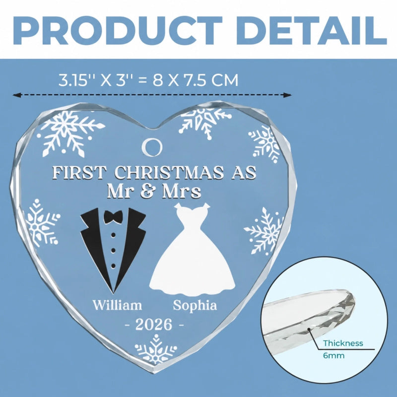 Personalized First Christmas Married Heart, Round Glass Ornament - Anniversary Wedding Gift For Couple, Husband And Wife - Our First Christmas As Mr & Mrs