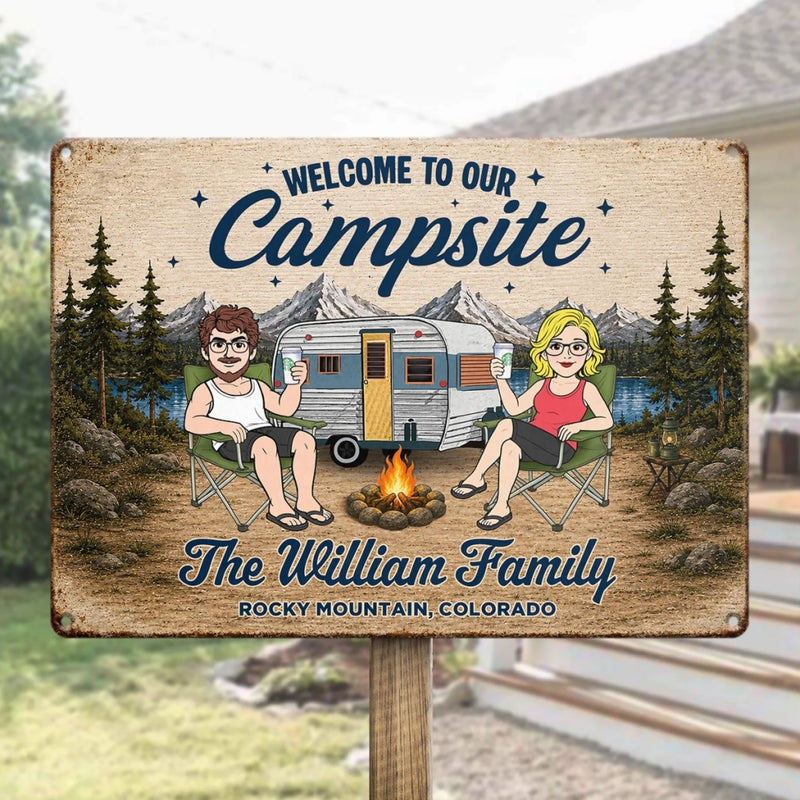Personalized Home Decor Metal Sign - Summer, Anniversary Gift For Couple, Camping Lovers - Our Happy Place Outdoors