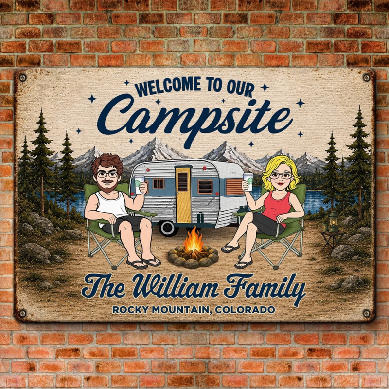 Personalized Home Decor Metal Sign - Summer, Anniversary Gift For Couple, Camping Lovers - Our Happy Place Outdoors