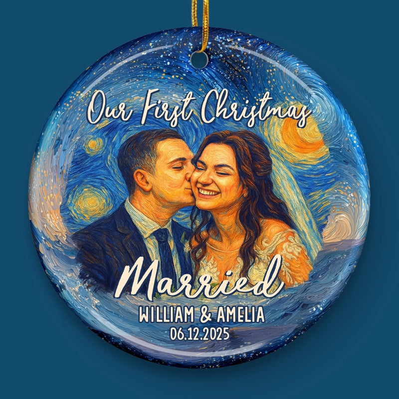 Personalized Photo Ceramic Ornament – Christmas, Anniversary Gift For Couple, Newlyweds – Jingle Bells And Wedding Bells