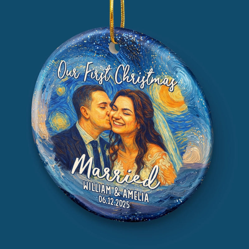 Personalized Photo Ceramic Ornament – Christmas, Anniversary Gift For Couple, Newlyweds – Jingle Bells And Wedding Bells