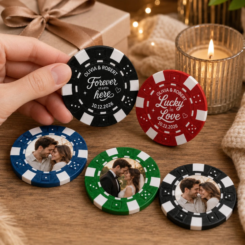 Personalized Photo Poker Chip Set - Gift For Couple, Newlyweds - Lucky In Love