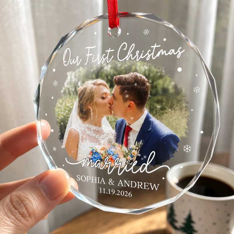 Personalized Photo Glass Ornament – Christmas, Anniversary Gift For Couple – Our First Christmas As Mr & Mrs