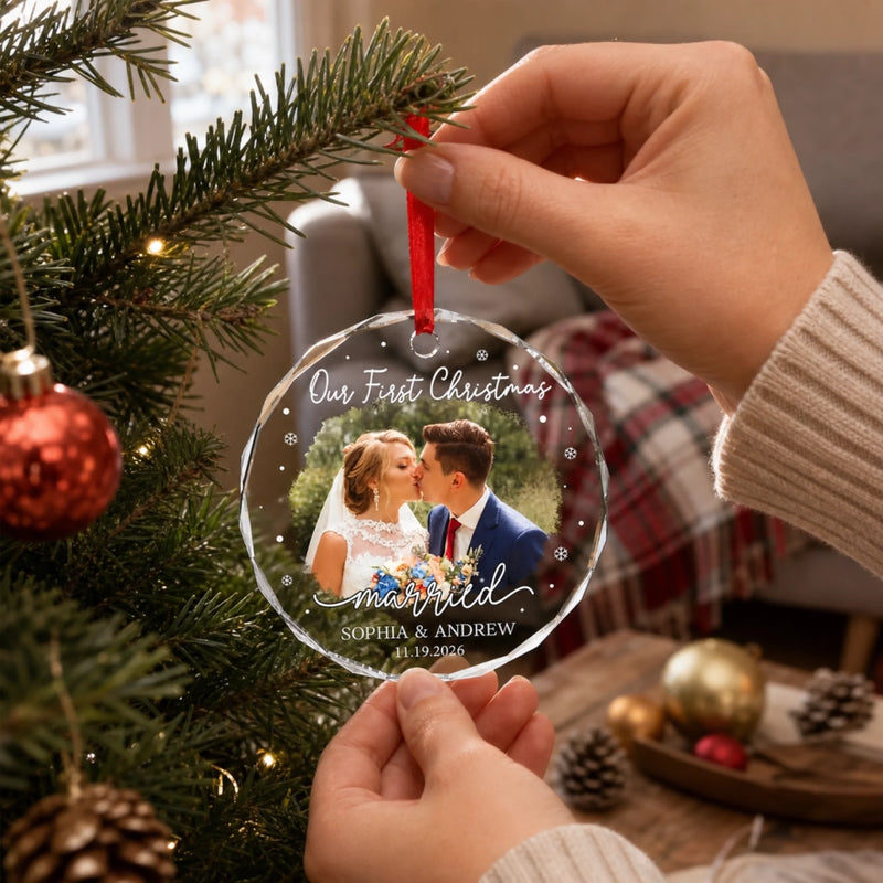 Personalized Photo Glass Ornament – Christmas, Anniversary Gift For Couple – Our First Christmas As Mr & Mrs