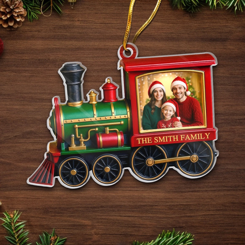 Personalized Photo Acrylic Ornament – Christmas Gift For Mom, Dad, Family – All Aboard The Christmas Train