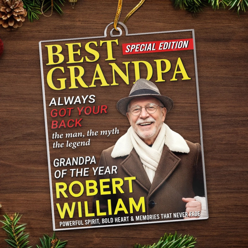 Personalized Photo Magazine Acrylic Ornament – Christmas Gift For Grandpa – His Wisdom Warms Our Hearts