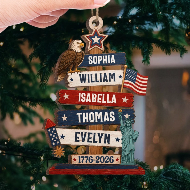 Personalized Wooden Ornament – America 250th Anniversary, Christmas Gift For Family – Standing Tall In Freedom And Love