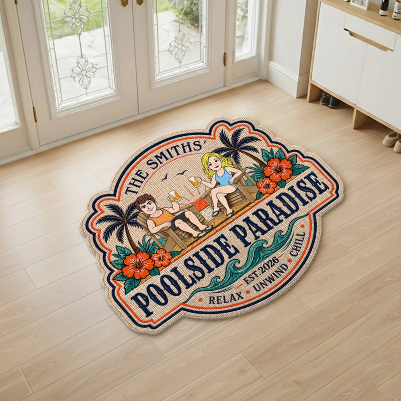 Personalized Shaped Doormat – Poolside, Summer Gift For Couple, Family – Our Happy Place By The Pool