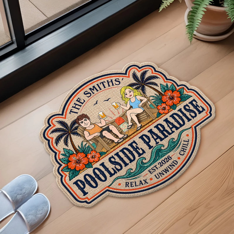 Personalized Shaped Doormat – Poolside, Summer Gift For Couple, Family – Our Happy Place By The Pool