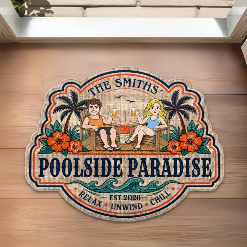 Personalized Shaped Doormat – Poolside, Summer Gift For Couple, Family – Our Happy Place By The Pool