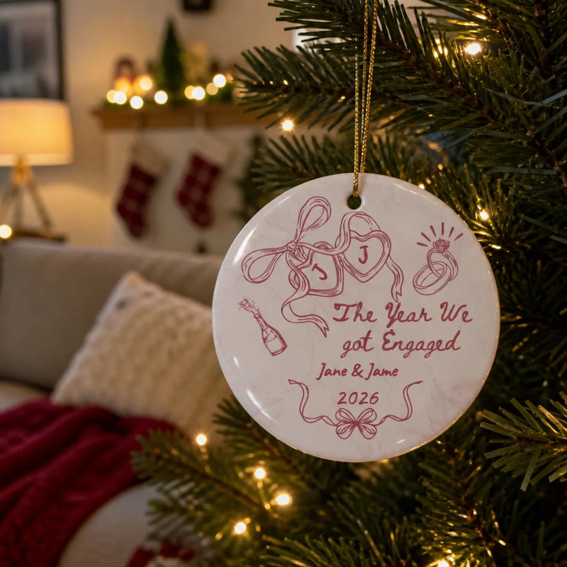 Personalized Ceramic Ornament – Christmas, Wedding Gift For Couple, Newlyweds – Our Engagement Year