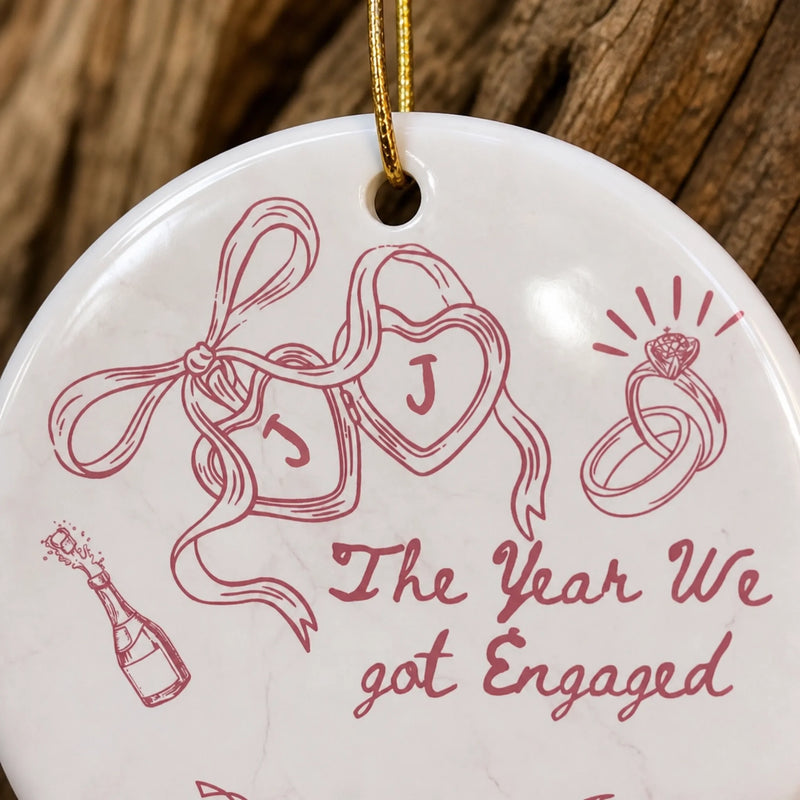 Personalized Ceramic Ornament – Christmas, Wedding Gift For Couple, Newlyweds – Our Engagement Year
