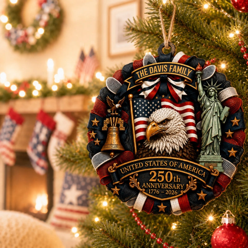 Personalized Wooden Ornament – America 250th Anniversary, Christmas Gift For Family – Land Of The Free
