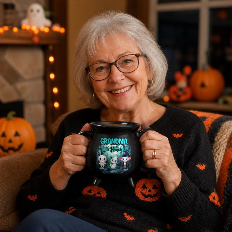 Personalized Cauldron Coffee Mug – Halloween Gift For Grandma, Mom – Grandma Of Little Monsters