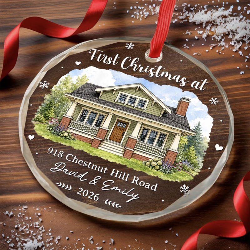 Personalized Photo Circle Glass Ornament – Christmas, Housewarming Gift For New Homeowners, Couple – New Keys New Memories