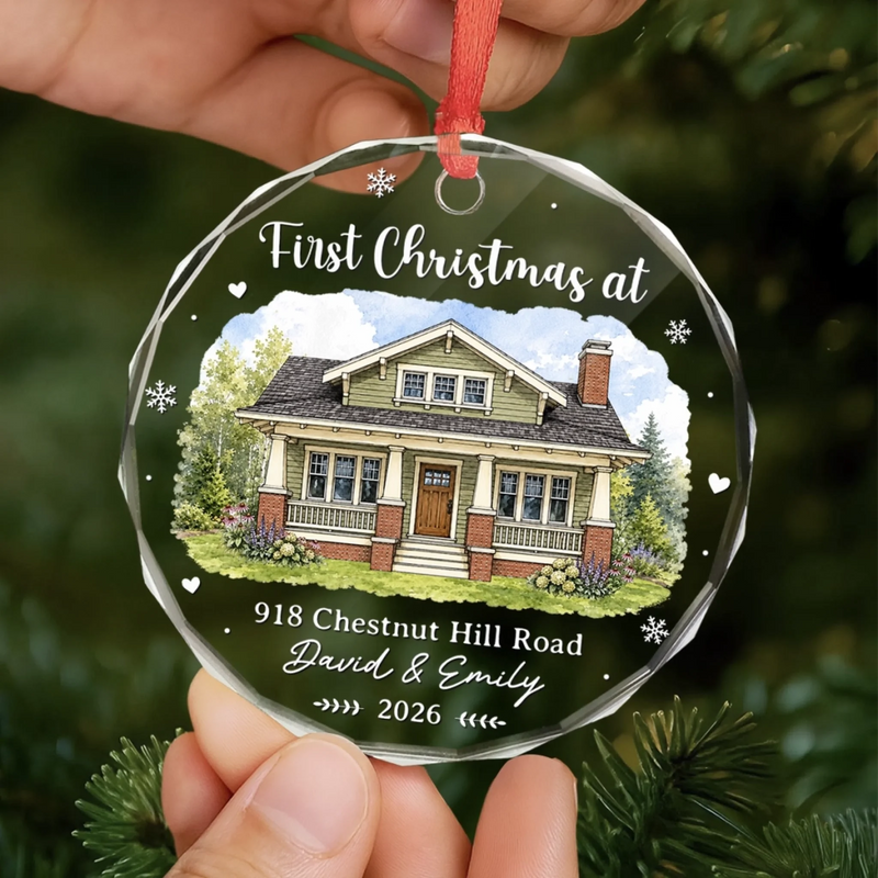 Personalized Photo Circle Glass Ornament – Christmas, Housewarming Gift For New Homeowners, Couple – New Keys New Memories
