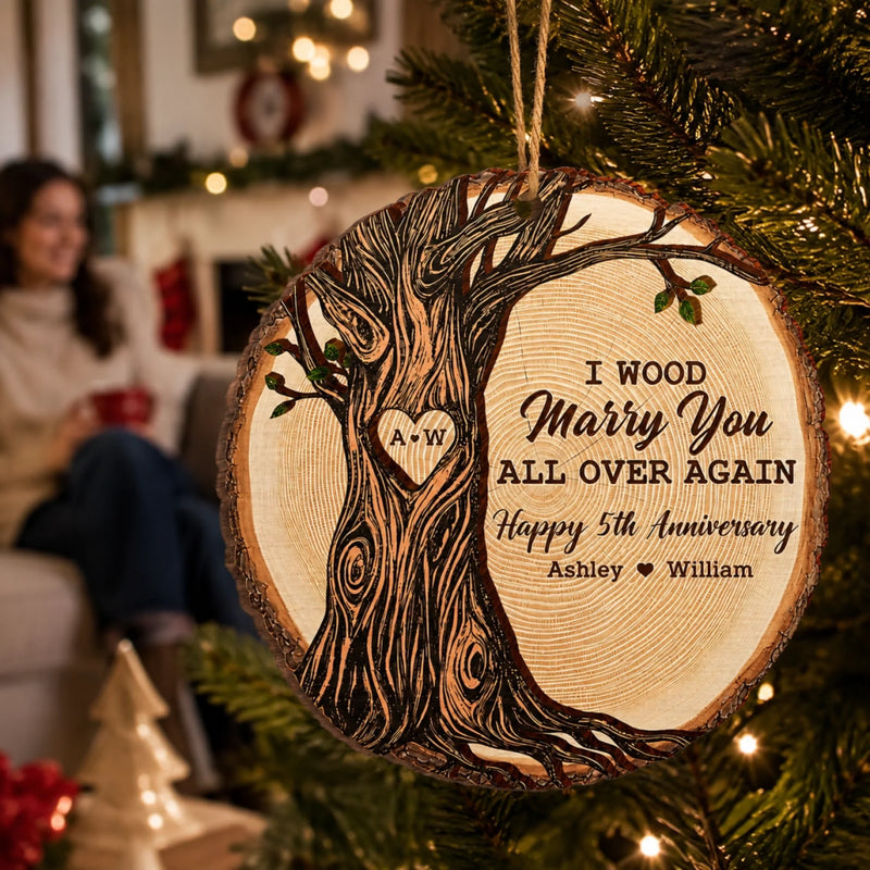 Personalized Wood Ornament – Christmas, Anniversary Gift For Couple – I Wood Marry You All Over Again