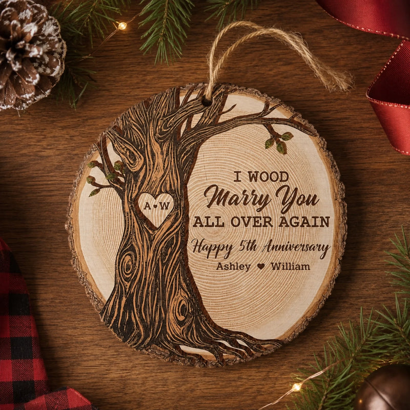 Personalized Wood Ornament – Christmas, Anniversary Gift For Couple – I Wood Marry You All Over Again