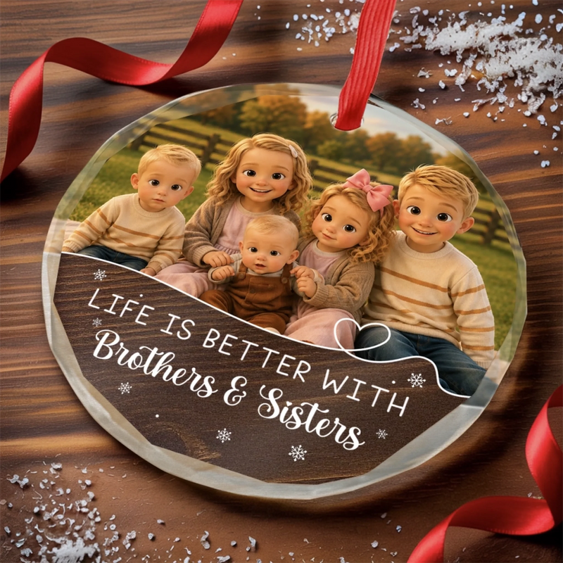 Personalized Photo Glass Ornament - Christmas Gift For Sister, Brother, Sibling - Holiday Home Crew
