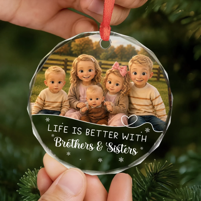 Personalized Photo Glass Ornament - Christmas Gift For Sister, Brother, Sibling - Holiday Home Crew