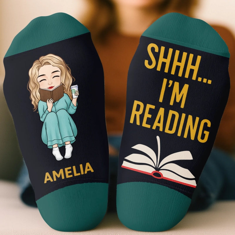 Personalized Shhh I'm Reading Crew Socks – Gift for Book Lovers - Sorry I'm Booked