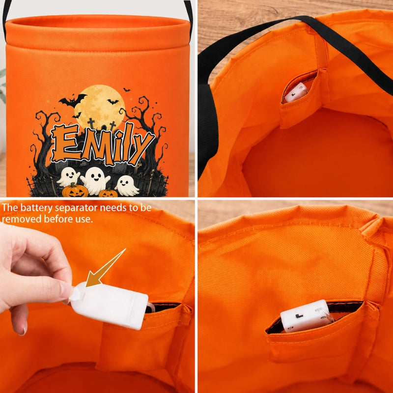 Personalized LED Light Bucket Bag – Halloween  Gift For Kids – Tiny Trickster