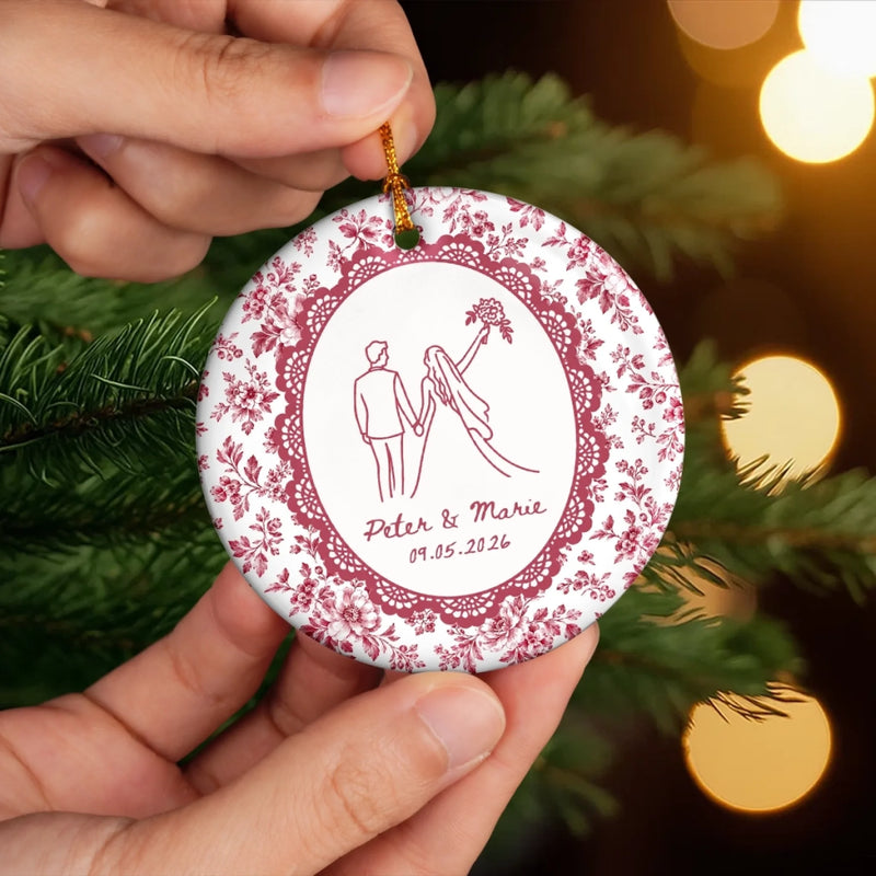 Personalized First Christmas Married Ceramic Ornament – Anniversary Gift For Couple, Newlyweds – Two Hearts One Journey