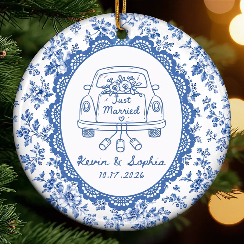 Personalized First Christmas Married Ceramic Ornament – Anniversary Gift For Couple, Newlyweds – Two Hearts One Journey