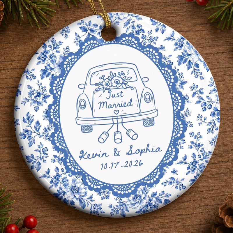 Personalized First Christmas Married Ceramic Ornament – Anniversary Gift For Couple, Newlyweds – Two Hearts One Journey