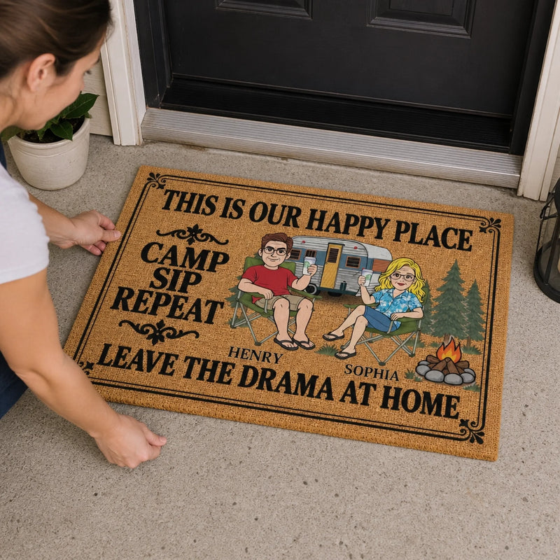 Personalized Home Decor Decorative Mat – Anniversary Gift For Couple, Camping Lovers – Camp Sip Repeat Together