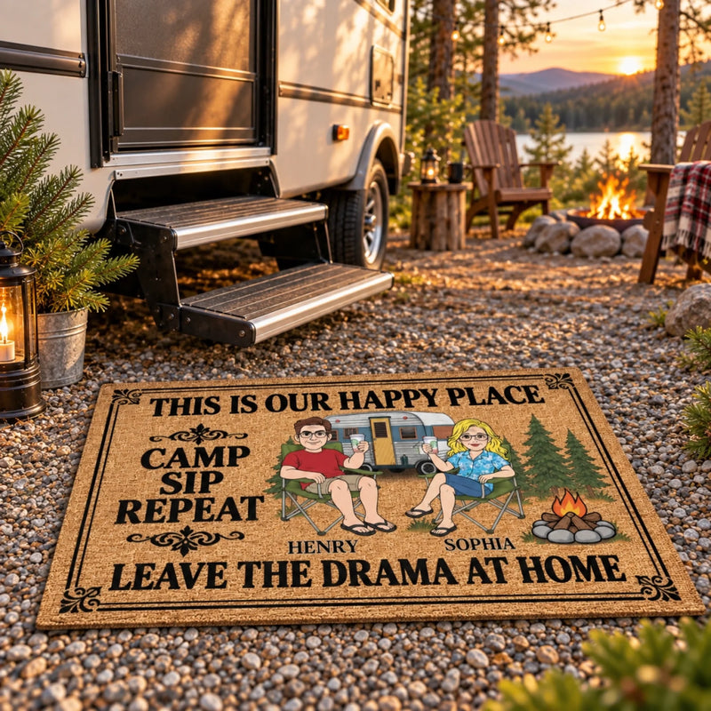 Personalized Home Decor Decorative Mat – Anniversary Gift For Couple, Camping Lovers – Camp Sip Repeat Together