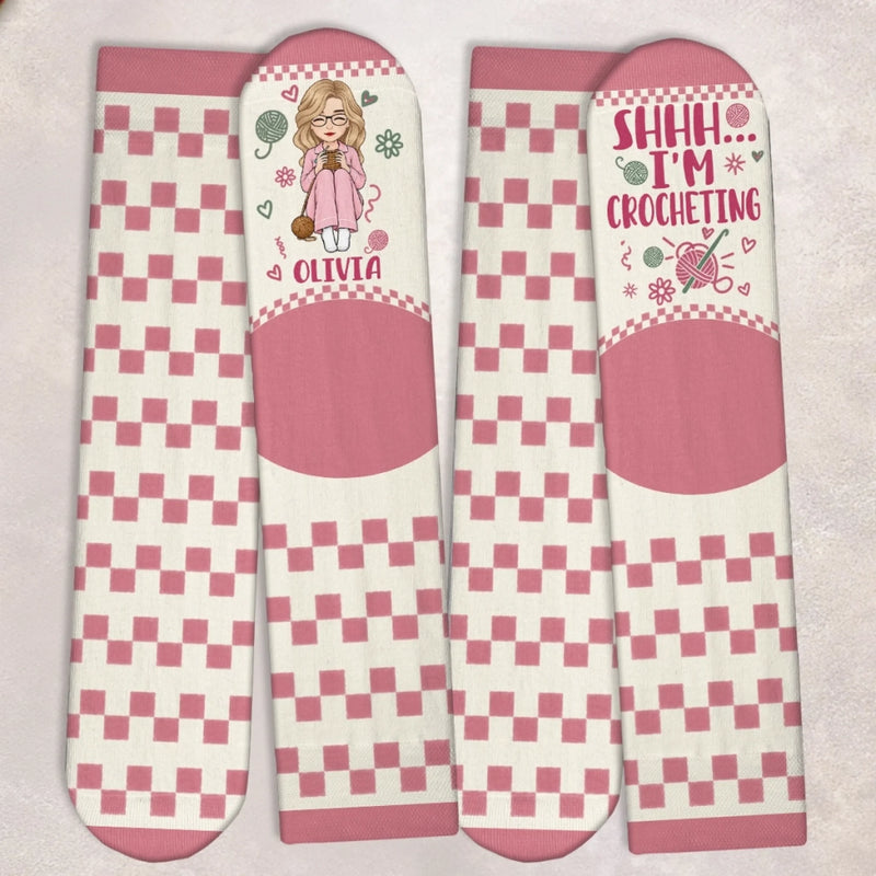 Personalized Crew Socks - Crochet, Knitting Gift For Craft Lovers - Shhh I'm Crocheting