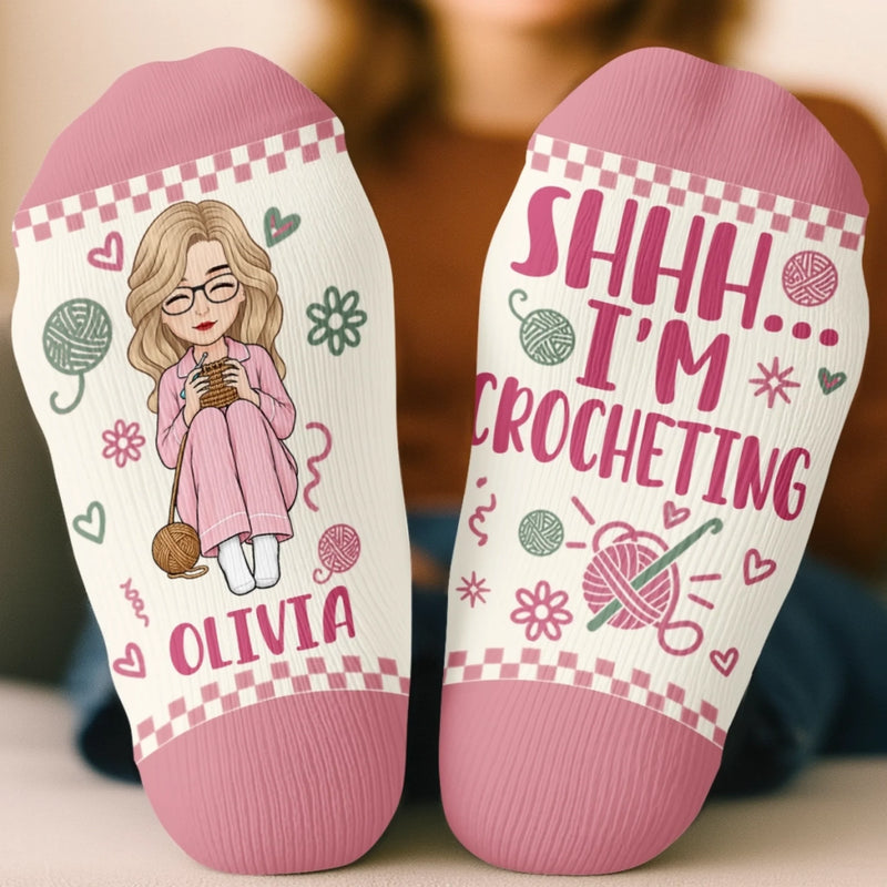 Personalized Crew Socks - Crochet, Knitting Gift For Craft Lovers - Shhh I'm Crocheting